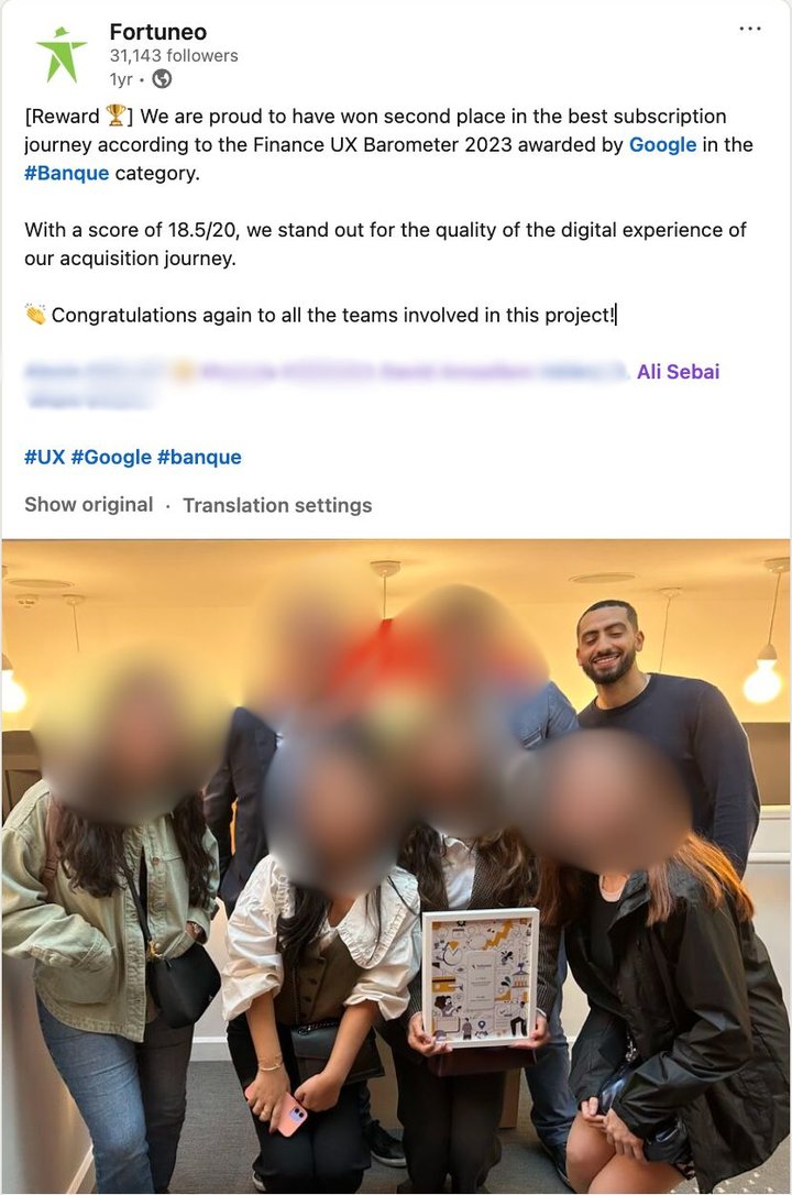 Fortuneo LinkedIn post announcing 2nd place in Google's 2023 Finance UX Barometer, with Ali Sebai in the team photo
